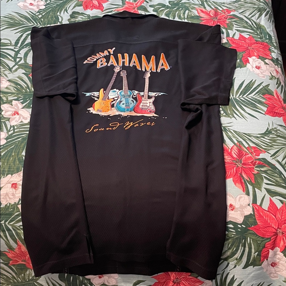 Tommy Bahama Black Short-Sleeve Dress Shirt with Guitar Back Embroidered Design
